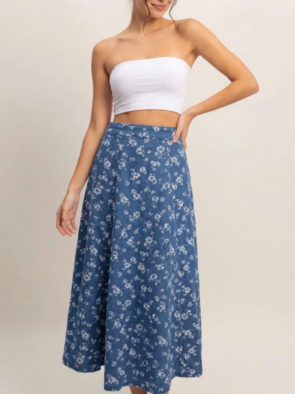 NEW HYFVE Blue Floral Cotton A-Line Midi Skirt Large - Picture 4 of 6